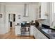 Bright kitchen with white cabinets, black countertops, and stainless steel gas range continuing to the hallway at 2445 N Franklin St, Denver, CO 80205