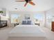 Main bedroom suite with a fireplace, neutral color palette, large windows, and carpet flooring at 15915 E Summit Fox Ave, Parker, CO 80134