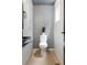 Small, modern powder room with black sink and wood-look floors at 1262 N Stuart St # 2, Denver, CO 80204