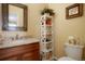 Charming powder room features granite counters, decorative mirror, and a stylish decorative shelving unit at 34682 Stampede Cir, Elizabeth, CO 80107