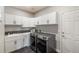 Functional laundry room with modern washer and dryer, white cabinets, and ample counter space for convenience at 6155 Puma Pt, Lone Tree, CO 80124
