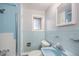 Retro bathroom with bright blue tiling and classic fixtures, offering a clean and functional space at 444 S Jersey St, Denver, CO 80224