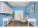 Bright office space featuring blue walls, white desks, and ample storage with a modern design at 1313 Iris Cir, Broomfield, CO 80020