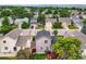 Aerial view of a neighborhood showcasing well-maintained homes, tree-lined streets, and mountain views at 3691 Bucknell Dr, Highlands Ranch, CO 80129