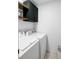 Functional laundry room with modern washer and dryer, and overhead cabinet at 24505 E Wagon Trail Ave, Aurora, CO 80016