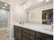Bathroom boasts double sinks, a large mirror, and modern lighting at 17548 Colonial Park Dr, Monument, CO 80132