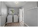 Well-lit laundry area features a washer, dryer, and door at 740 Cherry St, Denver, CO 80220