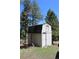 A backyard storage shed with a black roof, surrounded by mature pine trees and lush green grass at 28650 Cavan Ln, Evergreen, CO 80439
