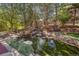 Calm backyard pond featuring a rock waterfall and lush foliage, perfect for relaxation at 9188 Buck Hill Dr, Highlands Ranch, CO 80126