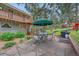 Outdoor patio features a dining set under a green umbrella and a gas grill at 4724 Hopi Rd, Indian Hills, CO 80454