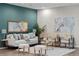Living area features neutral decor, decorative pillows, and plush seating, accented by the teal accent wall at 3384 Cranston Cir, Highlands Ranch, CO 80126