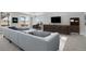 Finished basement with a gray sofa, bar with seating, and a view to the outdoors at 10114 Atlanta St, Parker, CO 80134