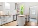 Modern kitchen with white cabinetry, stainless steel appliances, butcher block countertops, and natural light at 2841 Stout St, Denver, CO 80205