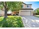 Charming two-story home features a covered porch with seating and a well-manicured lawn at 4963 Collingswood Dr, Highlands Ranch, CO 80130