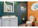 Cozy bathroom with wood accents, a vanity with sink, and a toilet at 16861 Wrangler Trl, Littleton, CO 80127