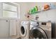 Functional laundry room with modern washer and dryer, plus shelving for storage at 4502 S Gar Way, Littleton, CO 80123