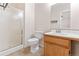 Cozy bathroom featuring a vanity, toilet, shower, and mirror at 3355 S Emerson St, Englewood, CO 80113