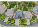 Aerial view of residences showcasing meticulous landscaping, a backyard fire pit, and neighborhood streets at 24682 E Ontario Dr, Aurora, CO 80016