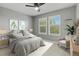 Bright bedroom with modern decor, ceiling fan, and two large shuttered windows at 24682 E Ontario Dr, Aurora, CO 80016