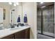 Well-lit bathroom with a modern vanity, decorative tile backsplash, and glass-enclosed shower at 438 Galaxy Dr, Castle Rock, CO 80108