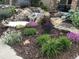 Beautiful landscaped front yard featuring a rock water feature, seasonal flowers and lush green plants at 438 Galaxy Dr, Castle Rock, CO 80108