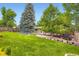 Spacious backyard with lush green lawn, mature trees, privacy fence, and inviting patio area at 2531 S Hoyt Ct, Lakewood, CO 80227
