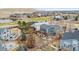 A high-angle aerial shows the home's backyard, community pond, walking paths, and verdant green spaces at 1461 Hickory Ct, Erie, CO 80516