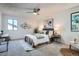 Calming bedroom with neutral tones, a ceiling fan, and a window providing natural light at 4114 S Niagara Way, Denver, CO 80237