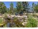Relaxing backyard patio area with comfortable seating and serene waterfall feature surrounded by lush greenery at 8361 Piney Creek Rd, Parker, CO 80138