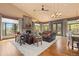 Cozy living room with a stone fireplace, leather furniture, and large windows offering scenic views at 8361 Piney Creek Rd, Parker, CO 80138