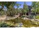 Picturesque pond view featuring a lily pad garden and a charming house with stone accents and a deck at 8361 Piney Creek Rd, Parker, CO 80138