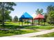 Community playground with colorful shade canopies, picnic tables, and open green space for children at 8300 Fairmount Dr # Qq102, Denver, CO 80247
