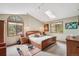 Vaulted ceilings and multiple windows highlight this spacious main bedroom and ensuite at 3961 Mossy Rock Ln, Evergreen, CO 80439
