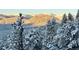 Scenic snow-covered mountain vista and trees from this idyllic property at 3961 Mossy Rock Ln, Evergreen, CO 80439
