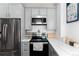 Modern kitchen includes stainless steel appliances, grey cabinets, and stone countertops at 613 S Logan St, Denver, CO 80209