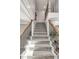 Carpeted staircase with decorative iron spindles and a wooden handrail at 5557 E Links Cir, Centennial, CO 80122