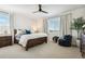 Bright bedroom featuring two large windows, ceiling fan, and decorative throw blanket at 42979 Colonial Trl, Elizabeth, CO 80107
