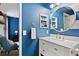 Stylish bathroom with a modern vanity and a blue accent wall, blending style with functionality at 209 Wright St # 204, Lakewood, CO 80228