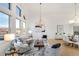Bright living room showcases a modern chandelier, comfortable seating, and city views at 1521 Central St # 3C, Denver, CO 80211