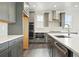 Close-up of kitchen showcasing stainless appliances, double ovens, gray cabinets, and quartz countertops at 3378 Backdrop Ct, Castle Rock, CO 80108