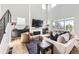 A bright and airy living room featuring a fireplace, modern furniture, and views to the backyard at 2840 E 102Nd Pl, Thornton, CO 80229