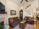 Cozy living room with a fireplace, comfortable sofas, and staircase in the background at 5006 S Nelson St # B, Littleton, CO 80127