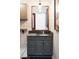 Elegant bathroom with a grey vanity, granite countertop, mosaic detail, and stylish wallpaper at 3733 N Franklin St, Denver, CO 80205