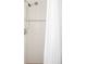 Modern shower stall featuring white tile, a decorative accent strip, and a sleek shower head at 3733 N Franklin St, Denver, CO 80205