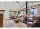 Inviting living room with vaulted ceilings, large windows, neutral carpet, and comfortable seating at 8644 S Brentwood St, Littleton, CO 80128