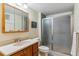 Bathroom featuring a vanity, mirror, toilet, and enclosed shower space at 1459 S Elizabeth St, Denver, CO 80210