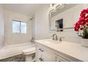 Bright bathroom with marble tile in the shower, modern vanity, and stylish decorative accents at 16333 E Carolina Dr, Aurora, CO 80017