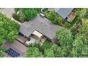 An aerial view showcasing a home's roof, backyard deck with pergola, and mature trees at 1746 Shavano St, Longmont, CO 80504