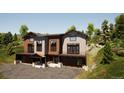 Modern townhouse exterior with wood and stone accents, two levels, balconies, and garage spaces, with lush landscaping at 526 N Fuller Placer Rd, Breckenridge, CO 80424