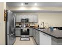 Bright kitchen featuring gray cabinetry, stainless steel appliances, and an island with a sink at 2143 Coronado N Pkwy # C, Denver, CO 80229